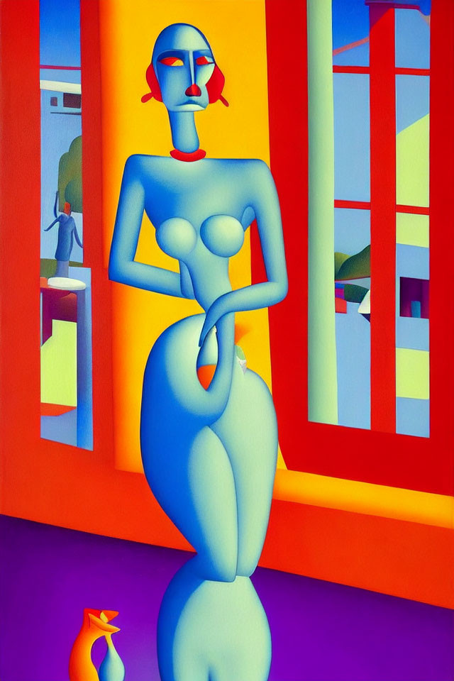 Colorful painting of blue woman with orange creature and vibrant architecture.