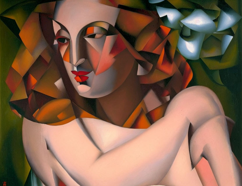 Geometric Cubist-style Woman Painting with Warm and Cool Tones