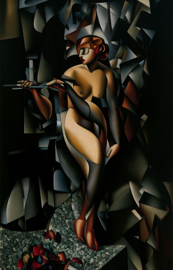 Cubist-style nude figure with blindfold and spear in dark geometric shapes