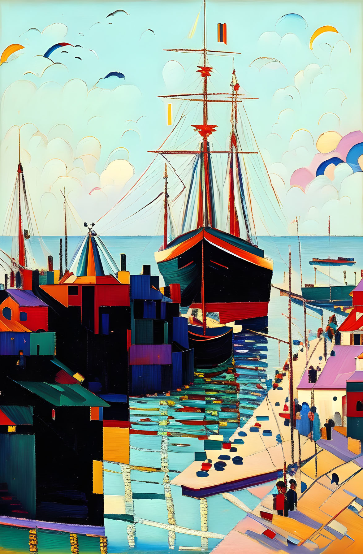 Vibrant harbor scene with ships, boats, and people under a sky with birds and clouds