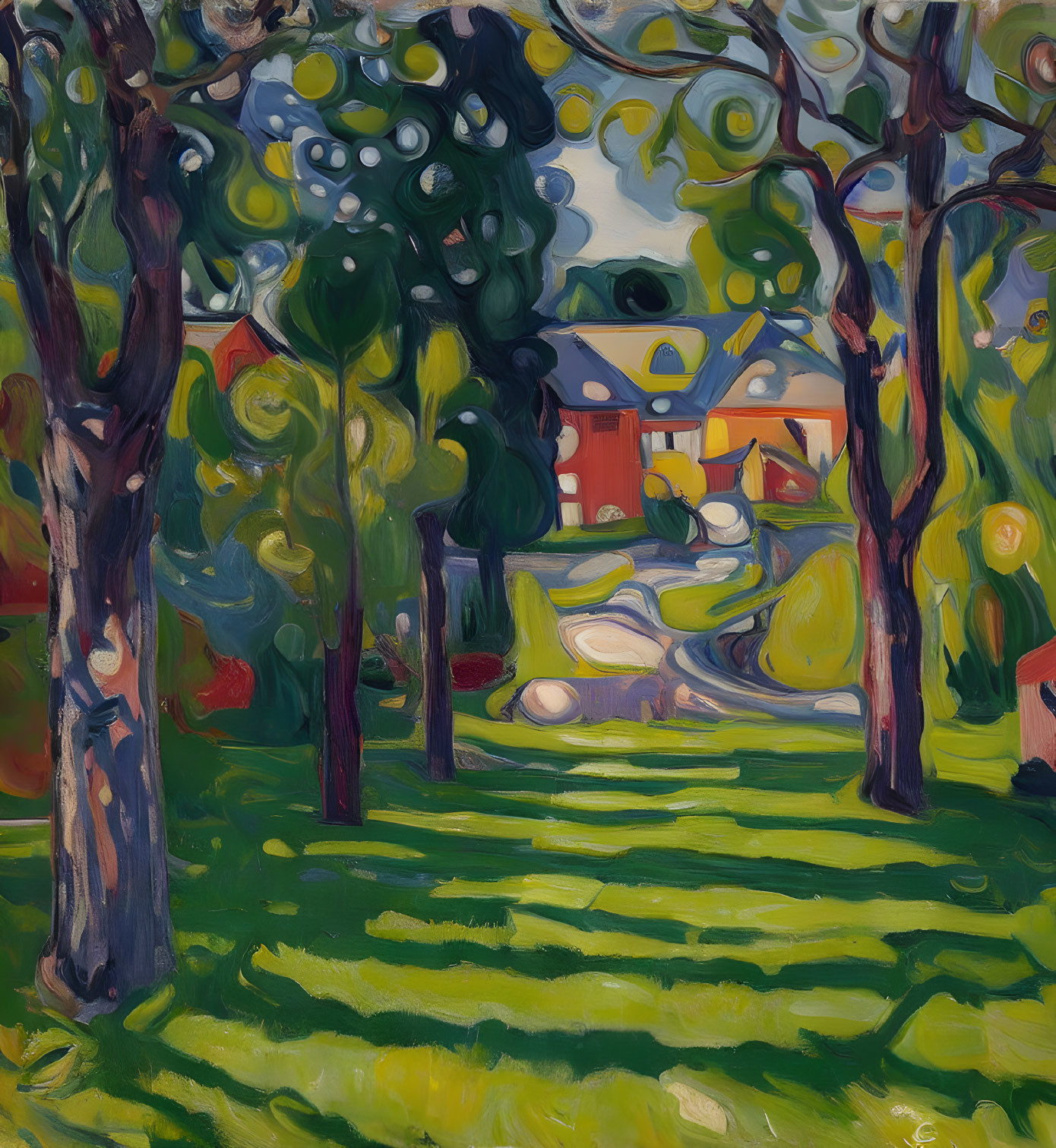 Vibrant expressionist painting of a garden with twisted trees and a path to a house