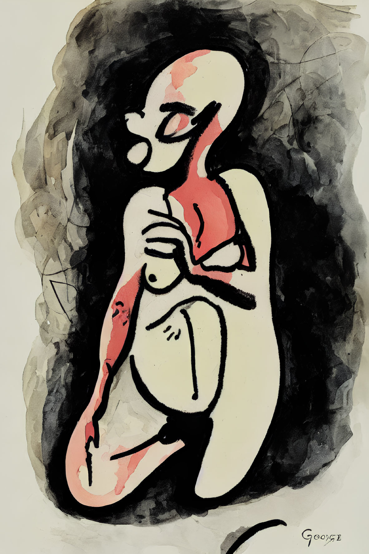 Monochromatic abstract painting of stylized female figure with red accents