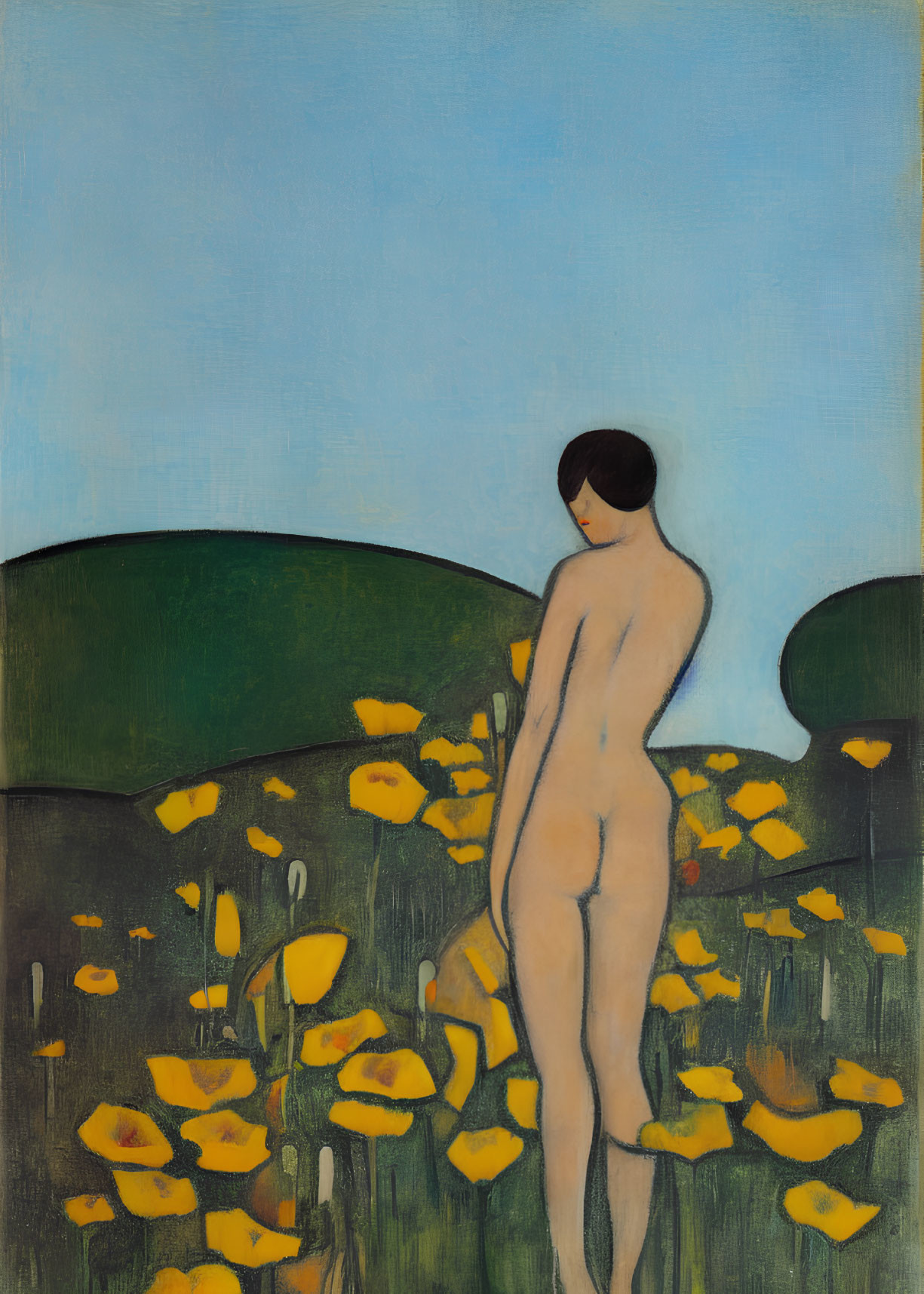 Nude woman in yellow flower field under blue sky