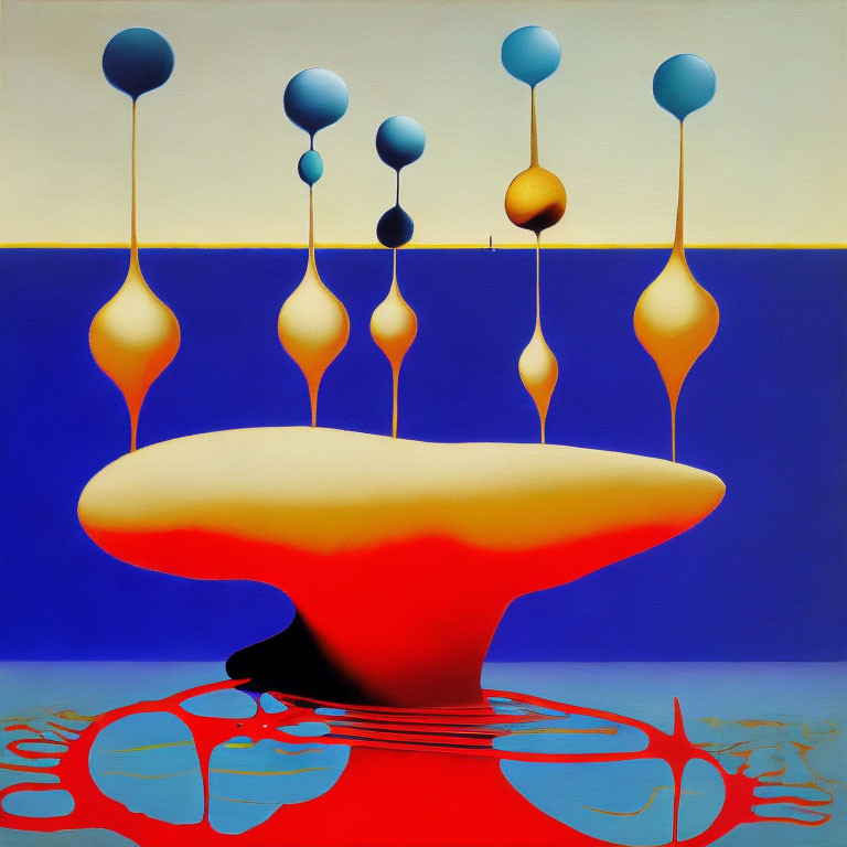 Blue and Gold Droplet Shapes on Red and White Base in Abstract Painting