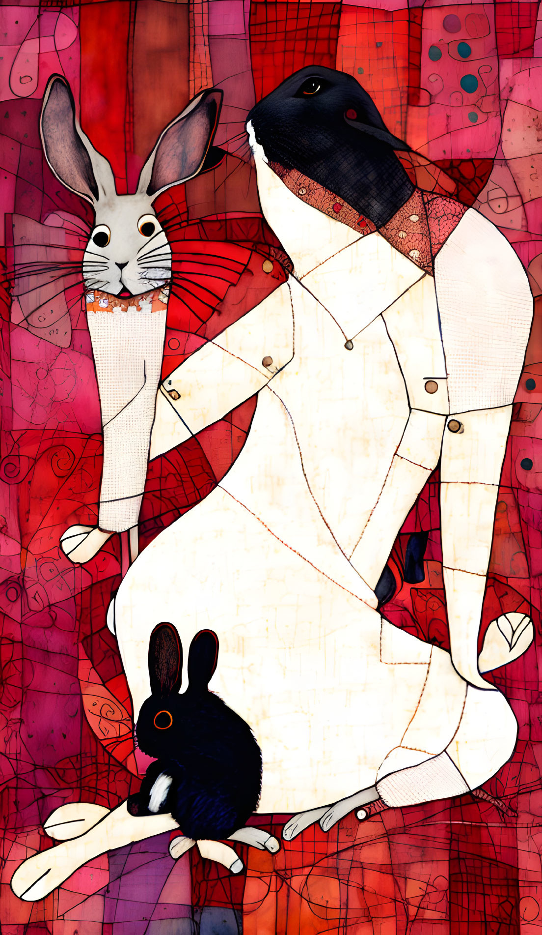 Stylized rabbits in coat and black against red background