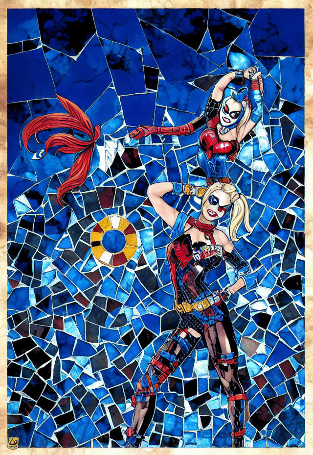 Vibrant Costumed Animated Female Characters Among Shattered Blue Mosaic Pieces