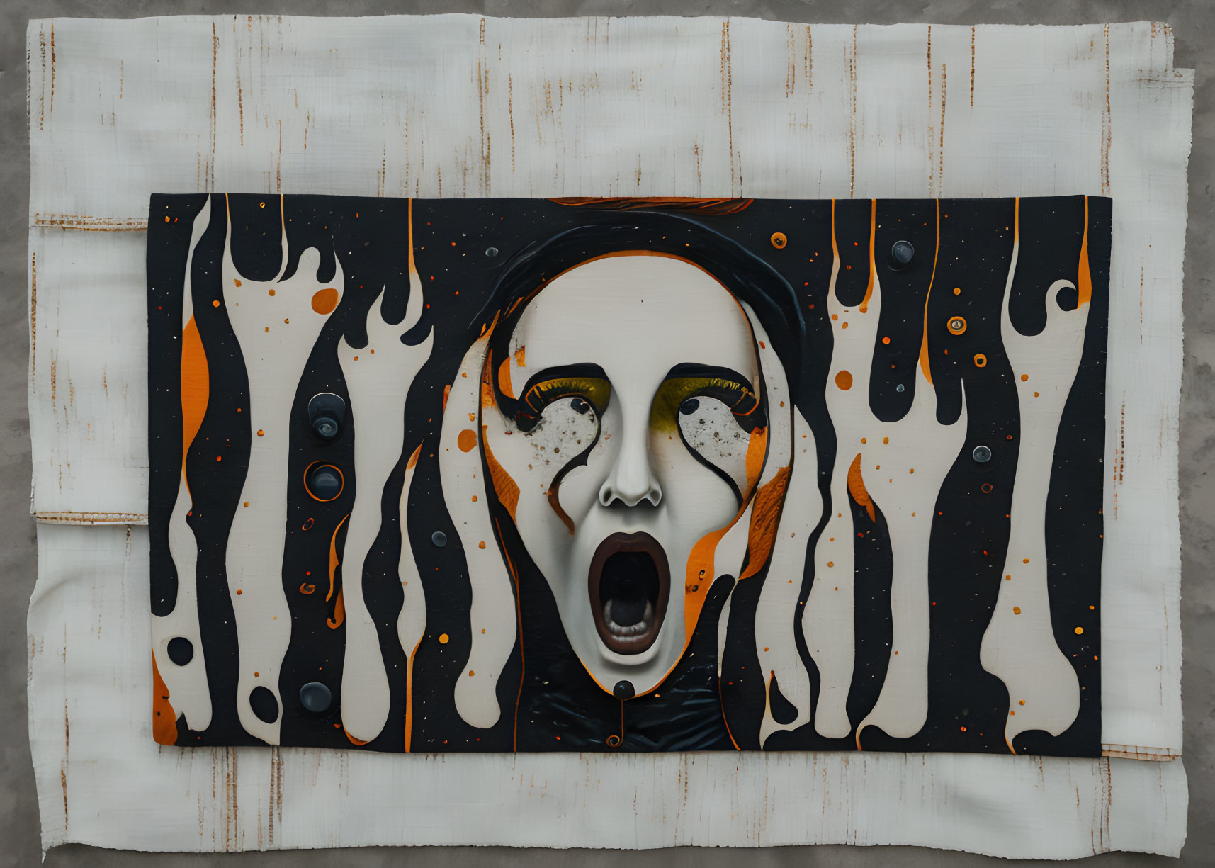 Screaming face with melting features in black, white, and orange palette