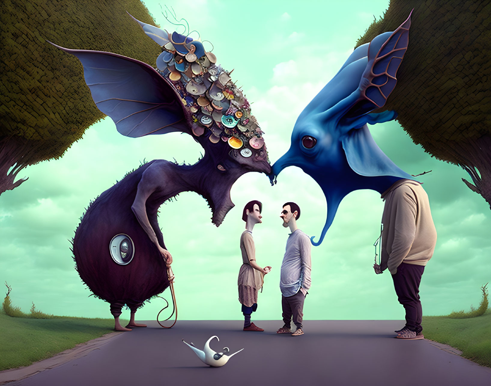 Two large dinosaur-like creatures face off with two men on a road under a surreal green sky.