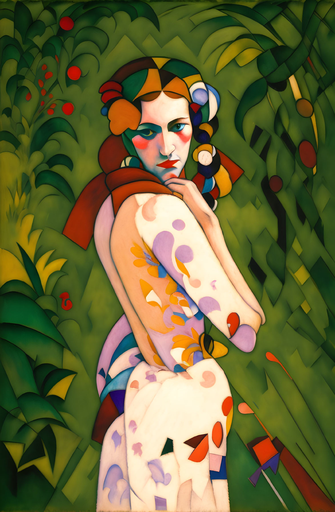 Vibrant foliage surrounds woman in stylized painting