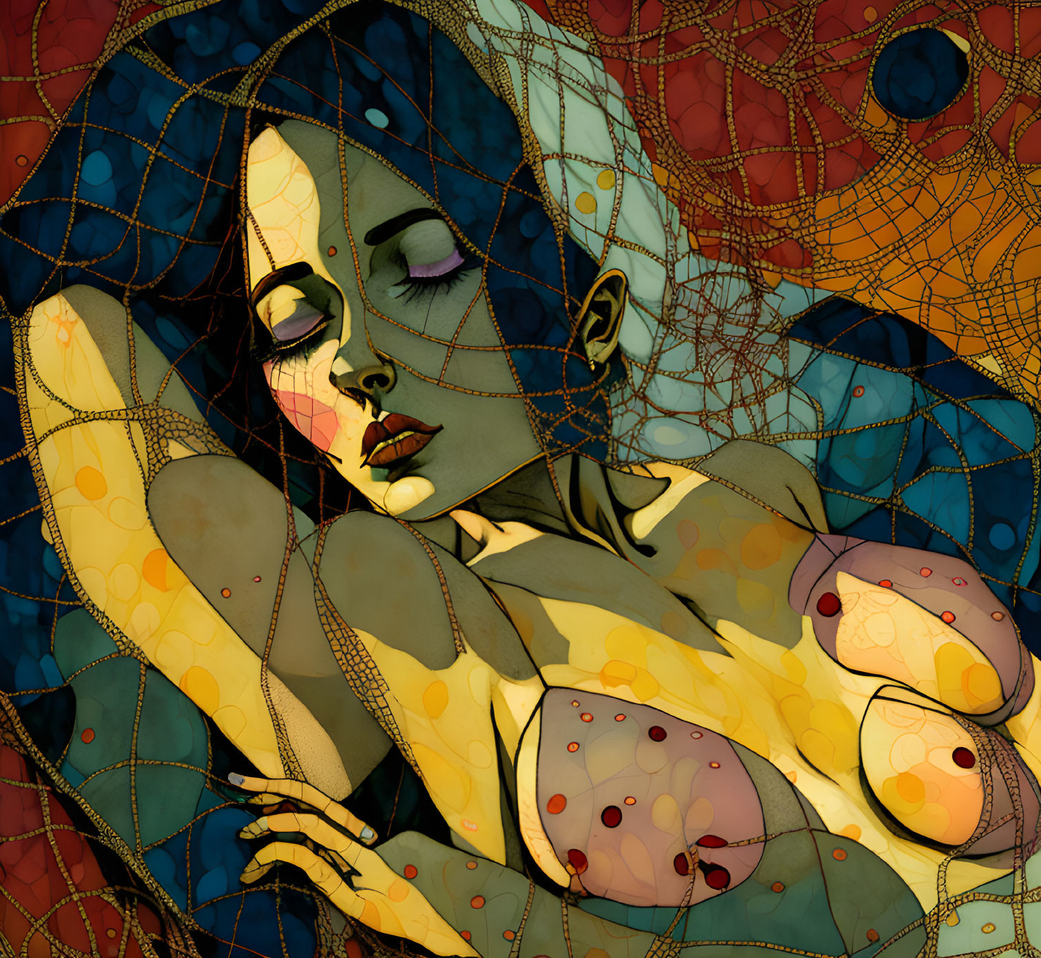 Colorful abstract illustration of a woman with closed eyes in a network of veins.