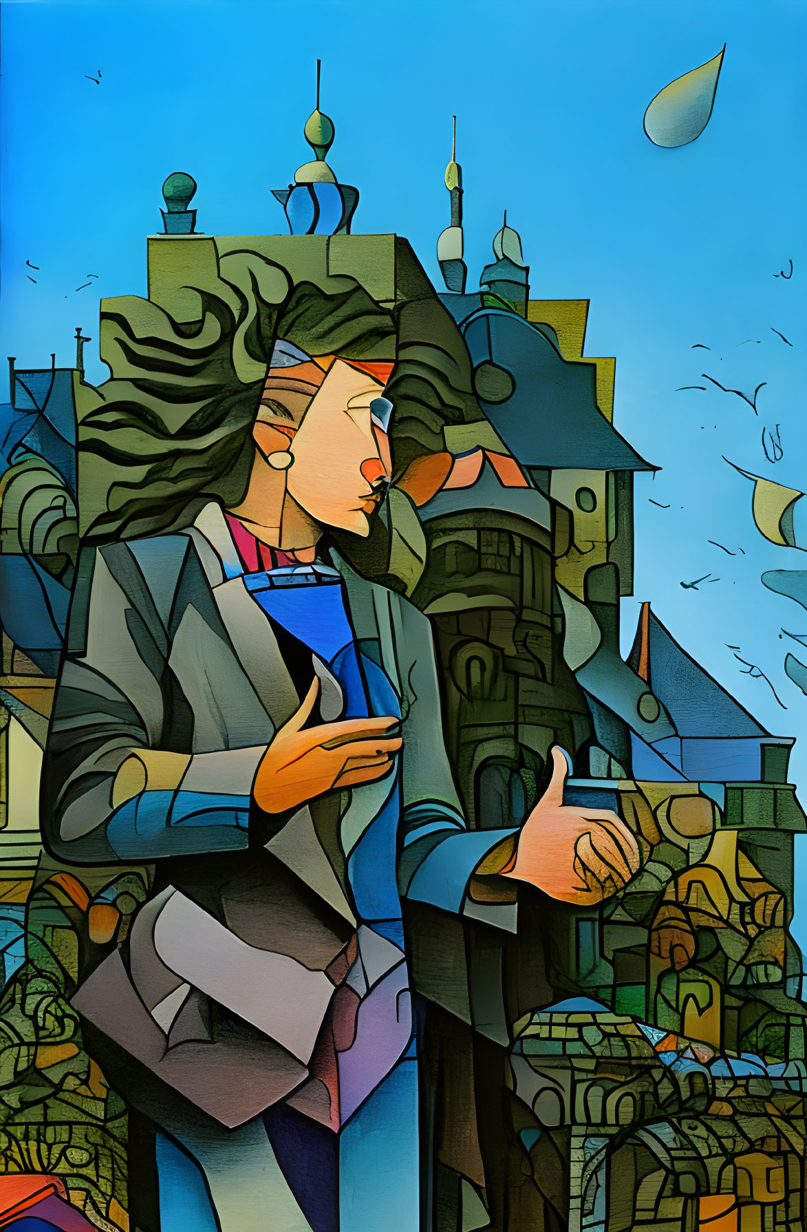 Illustration of person with flowing hair holding book in front of fantastical cityscape.