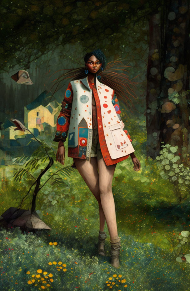 Illustrated woman in whimsical forest with colorful jacket and enigmatic pose surrounded by floating specks and