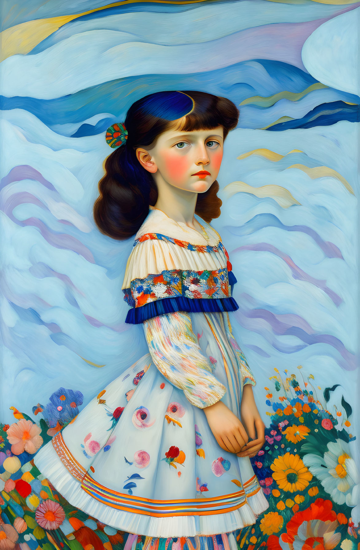 Young girl in white floral dress against vibrant blue waves and flowers