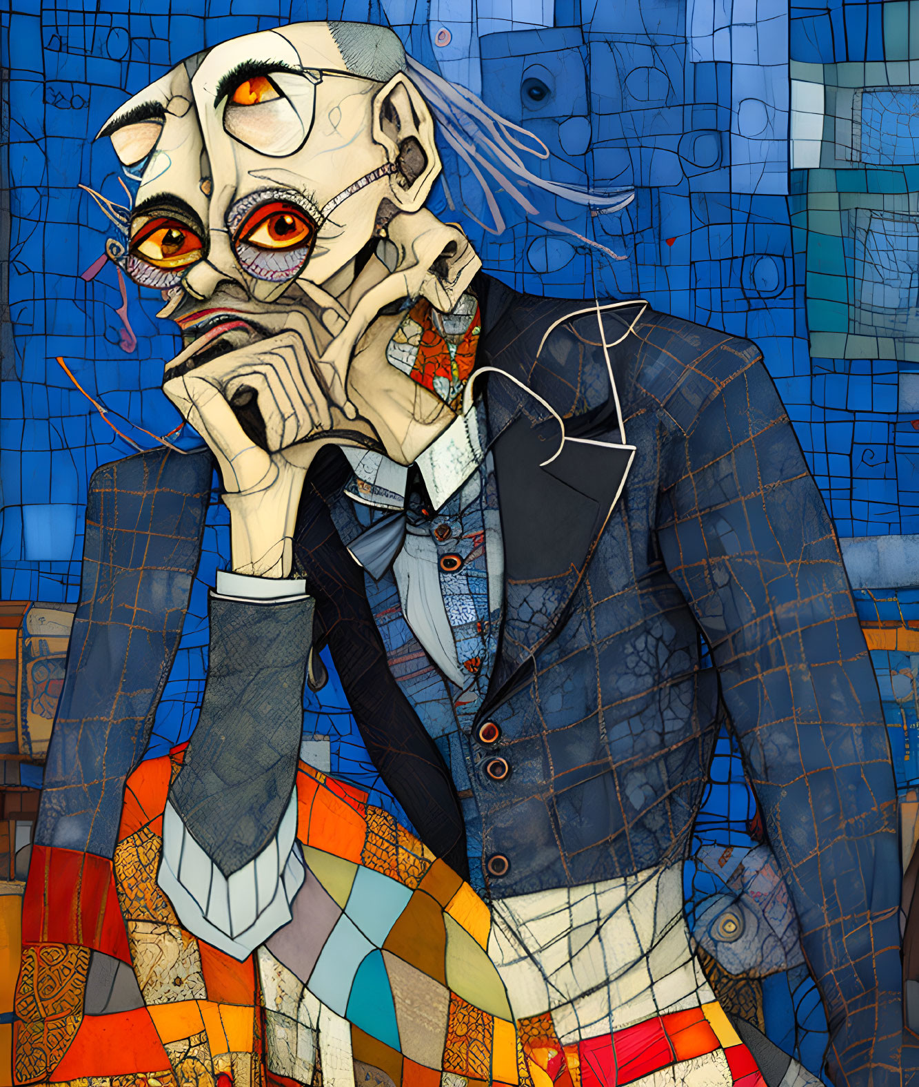 Skeletal figure with orange eyes in patchwork suit against blue backdrop