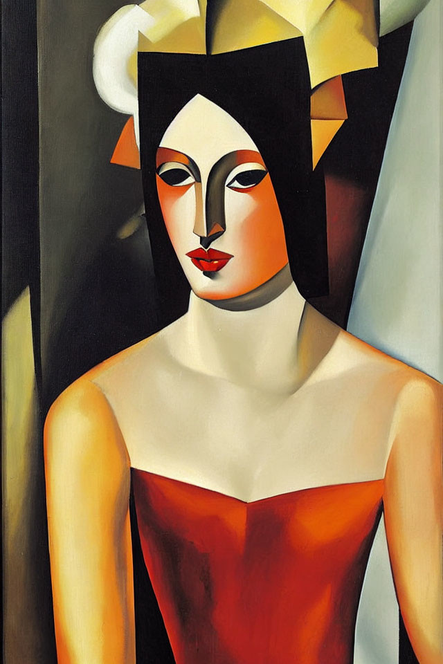 Geometric Cubist-inspired female portrait with red lips and color-blocked gown