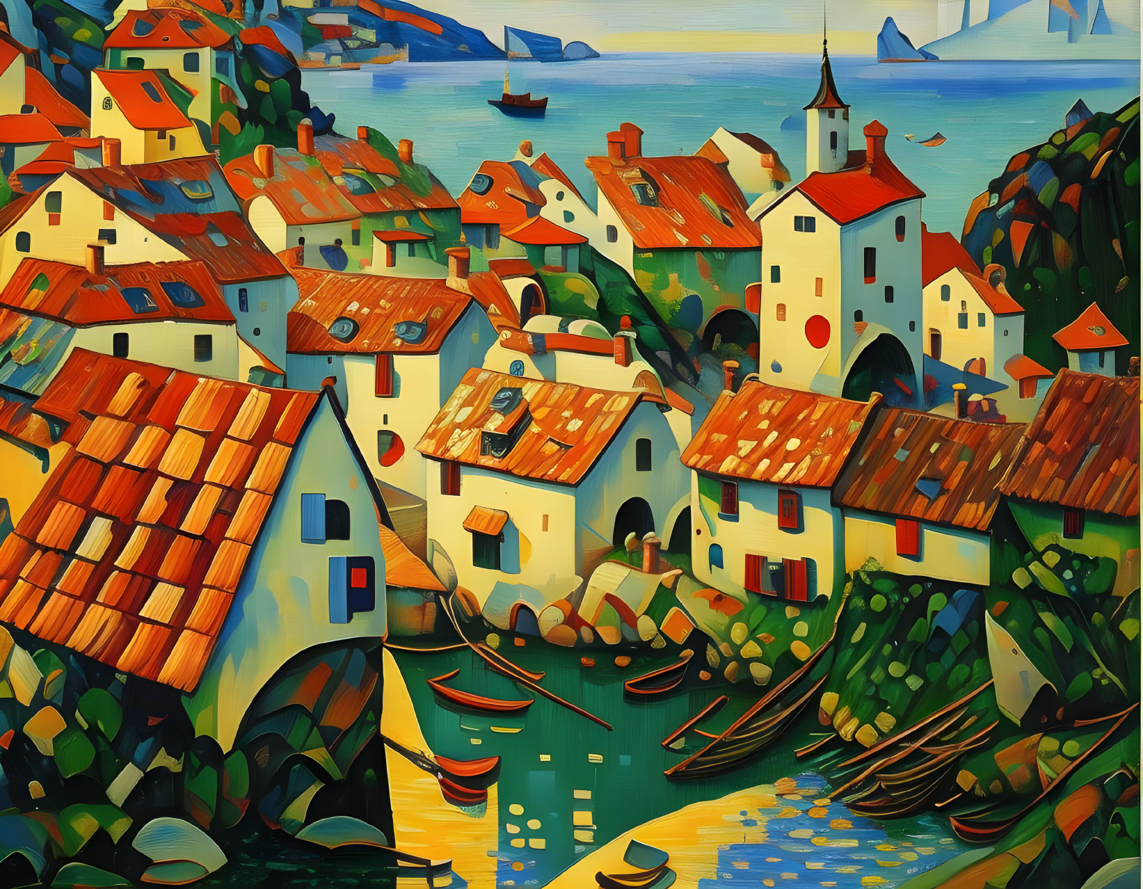 Colorful coastal village painting with geometric shapes and orange roofs.