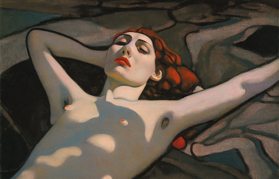Reclining Figure with Red Hair in Rocky Landscape