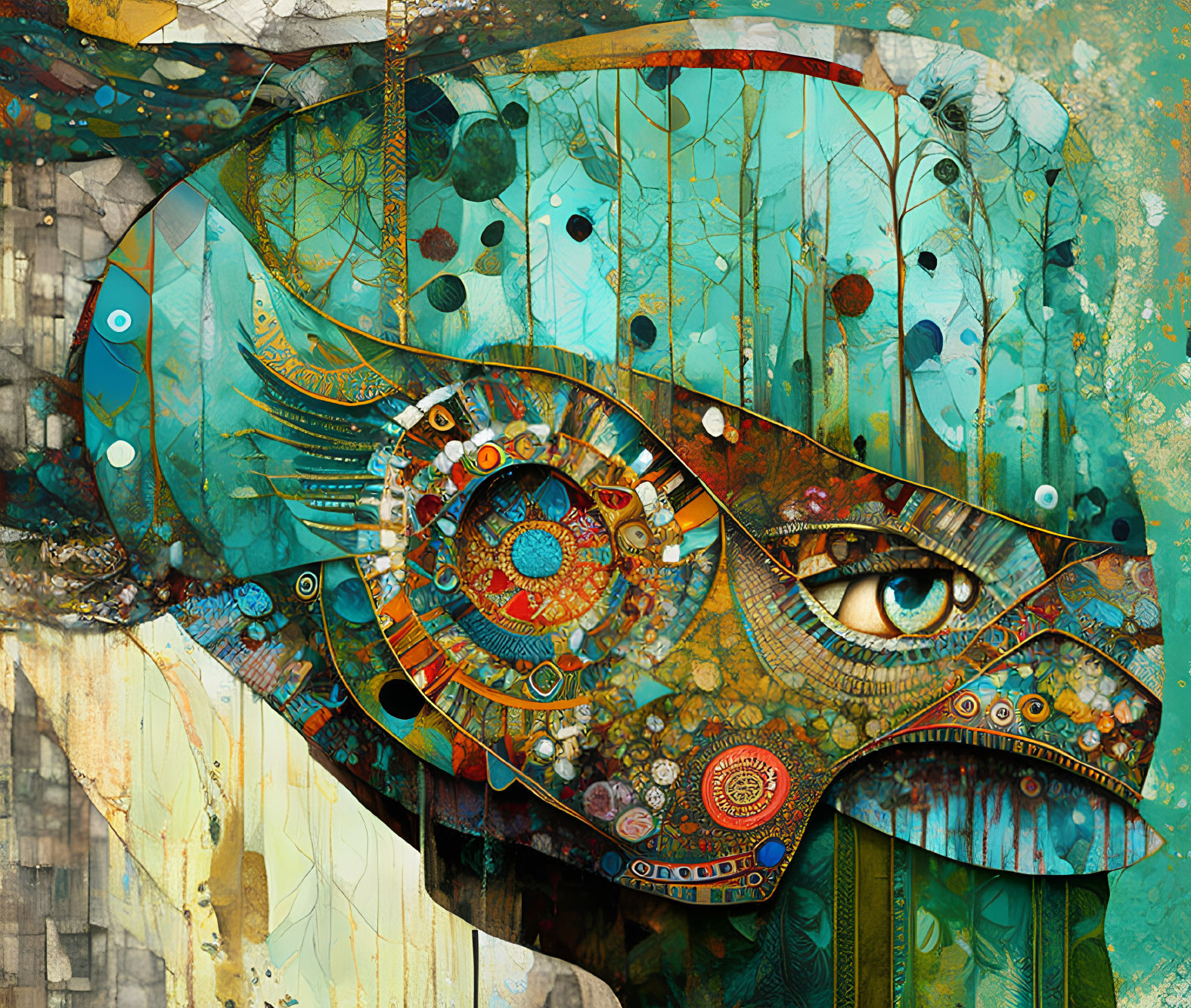 Abstract face art with intricate patterns, mechanical elements, earthy tones