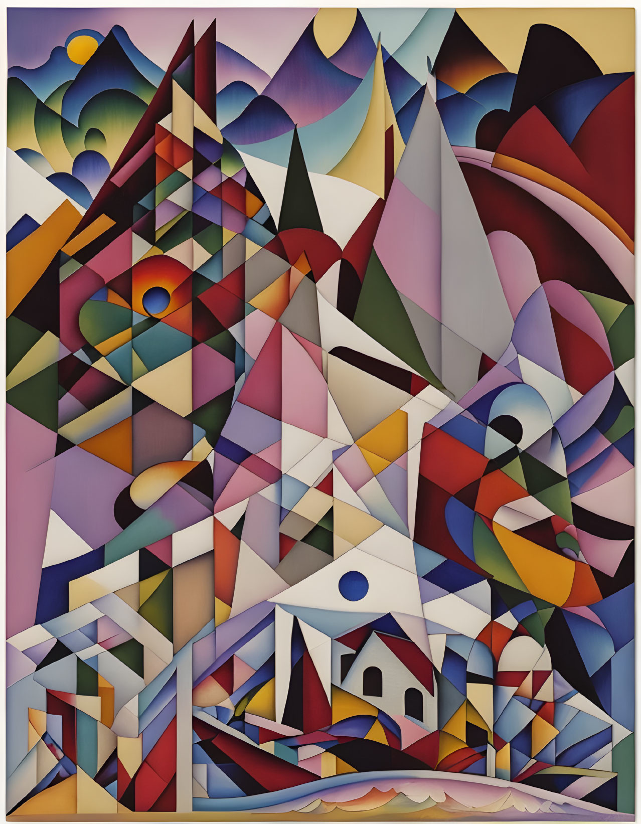 Colorful Geometric Cubist Landscape with Houses and Mountains