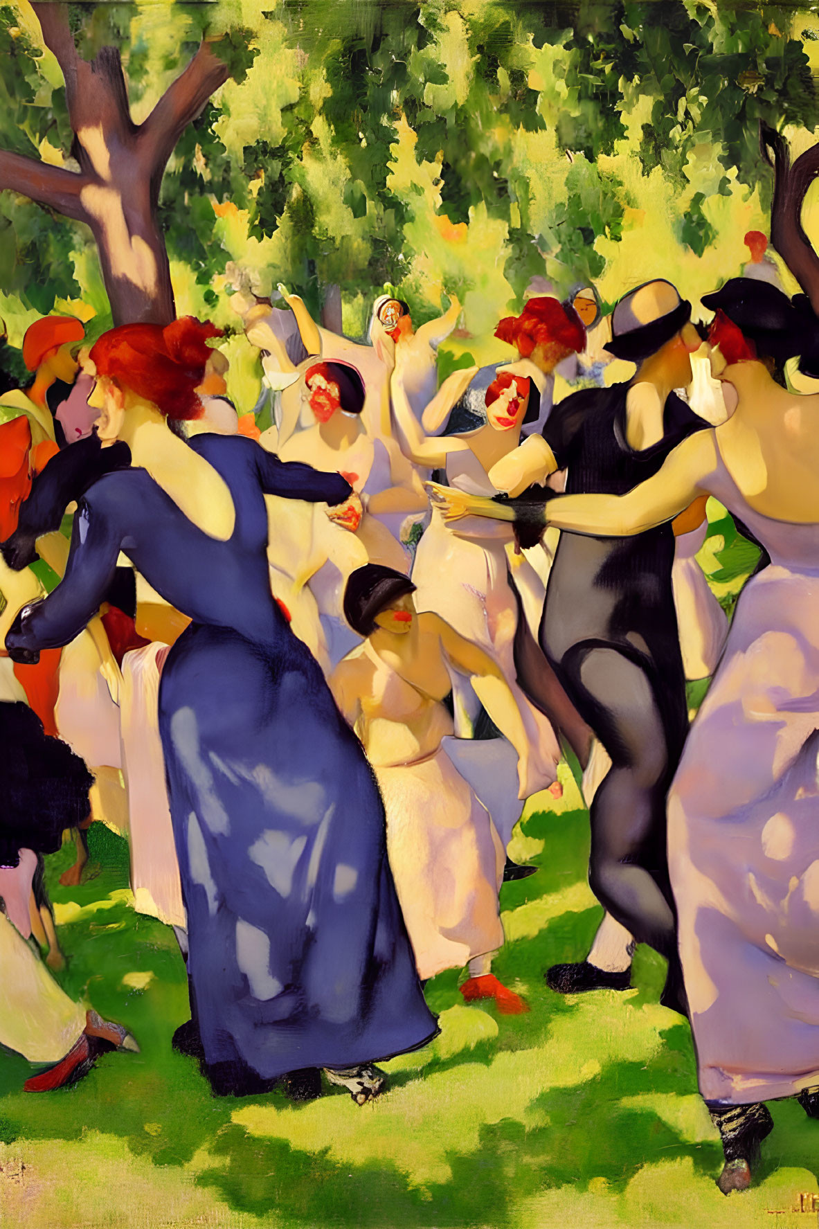 Impressionist-style painting of lively dancers in a sunlit park