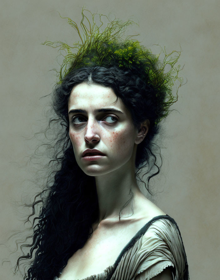 Curly-Haired Woman with Moss on Head Stares Intensely