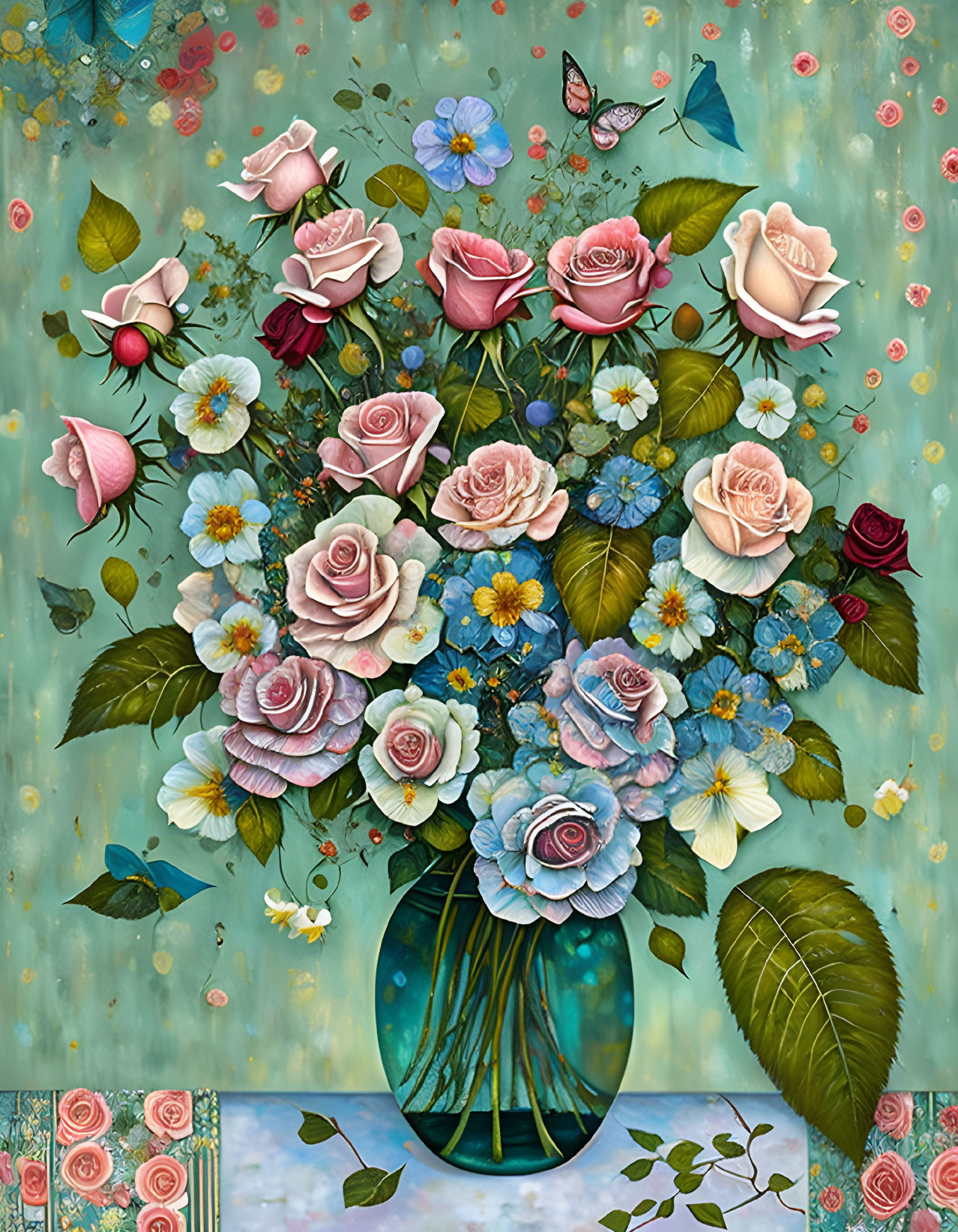 Colorful Floral Painting with Roses, Flowers, Butterflies, and Turquoise Background