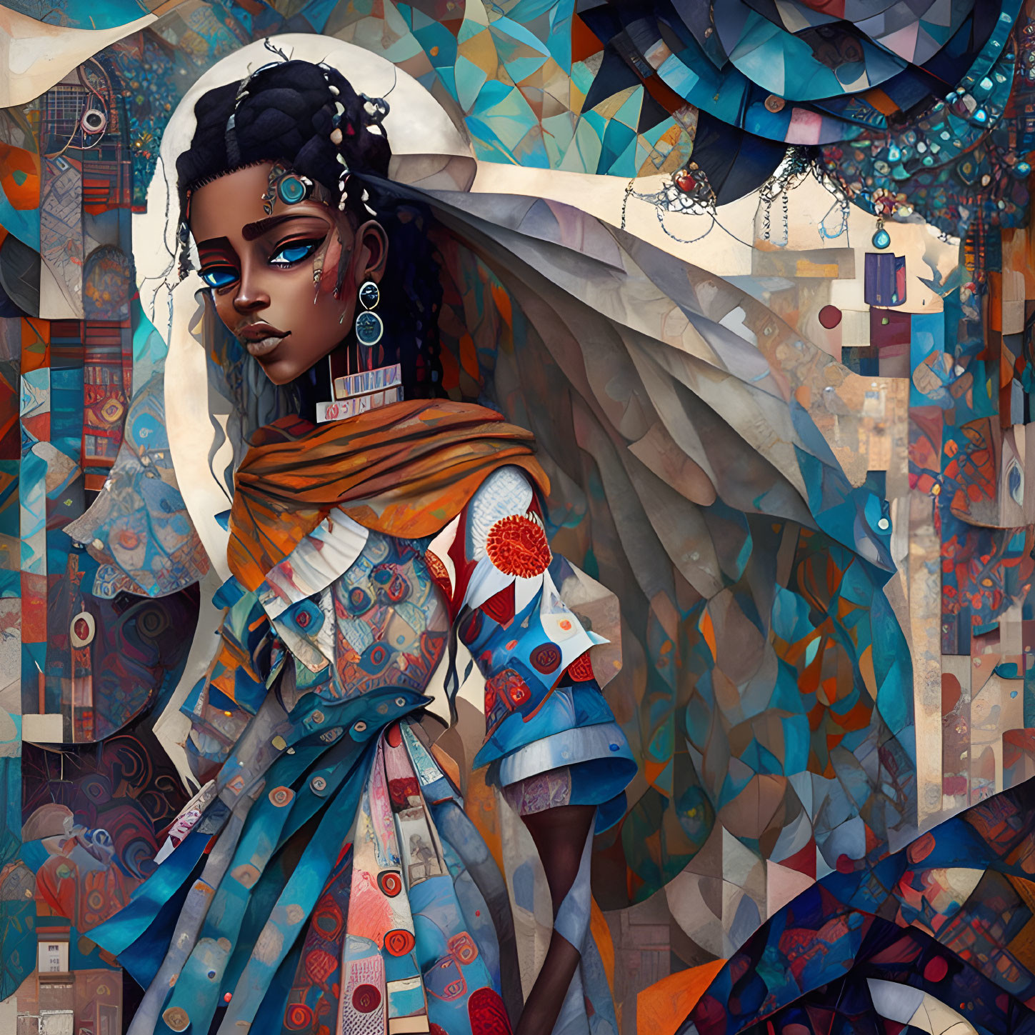 African-Inspired Woman Illustration with Earthy and Blue Tones