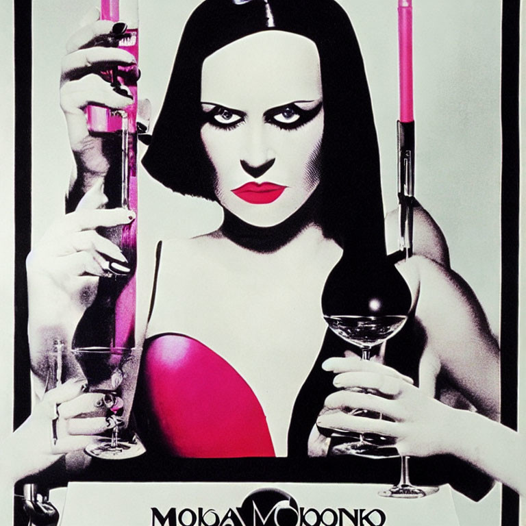 Stylized poster of woman with dark hair and red lipstick holding pink liquid in glassware on black