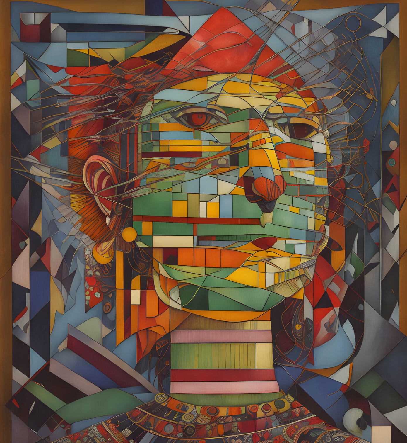 Abstract Cubist-style Portrait with Geometric Shapes and Lines