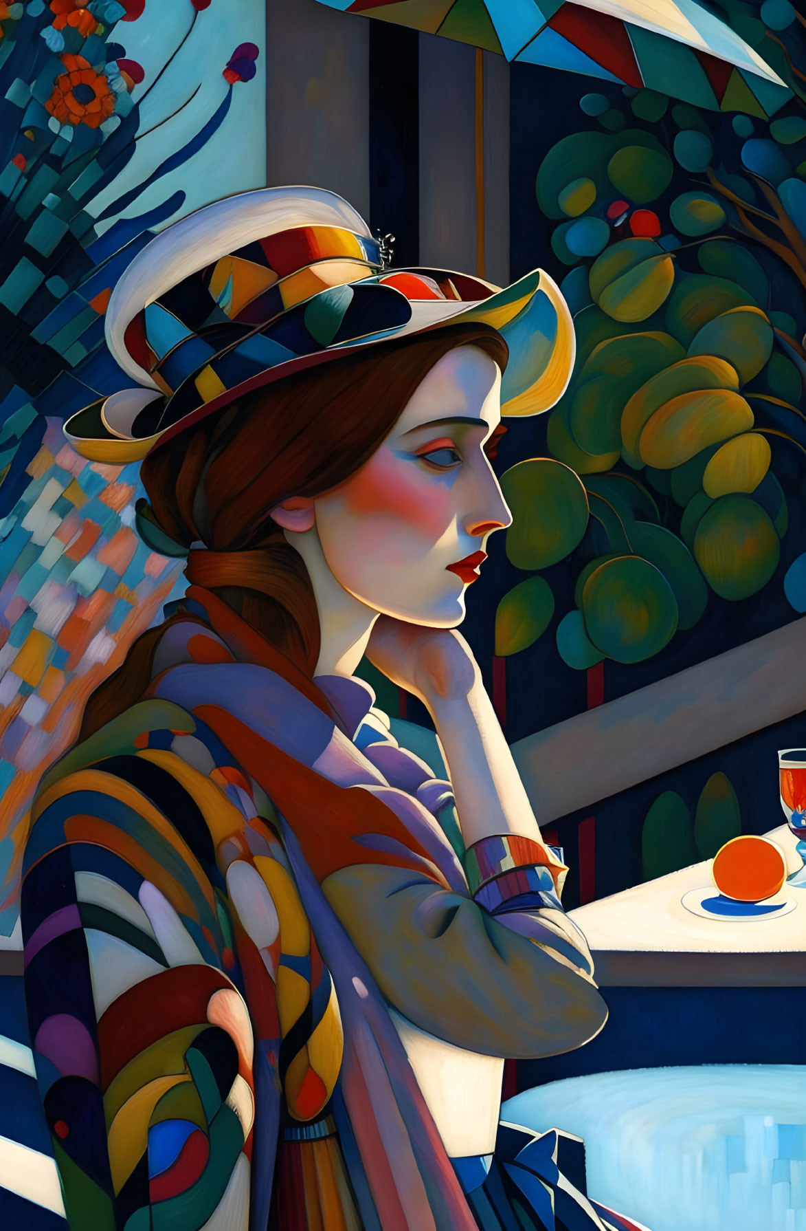 Colorful Stylized Illustration of Pensive Woman at Cafe Table