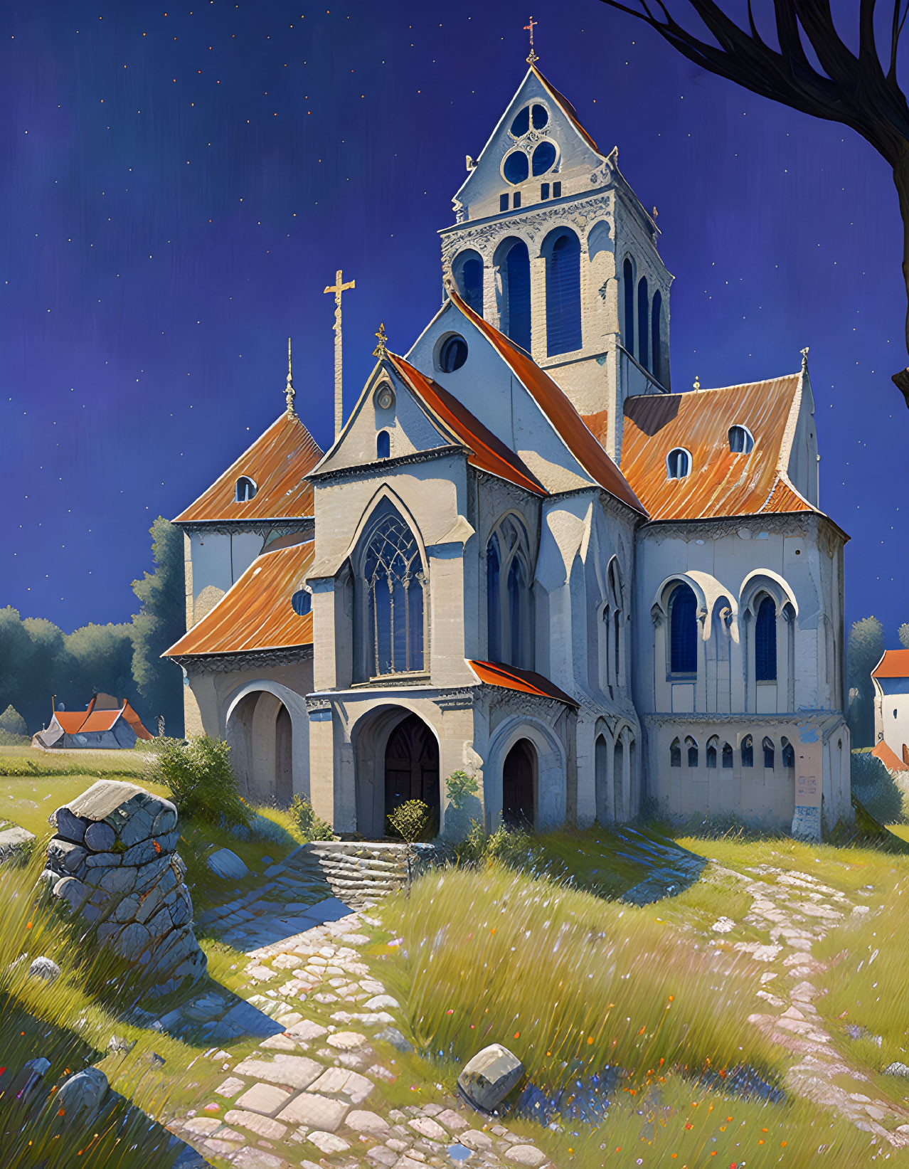 Medieval church illustration with bell tower and village under starry sky