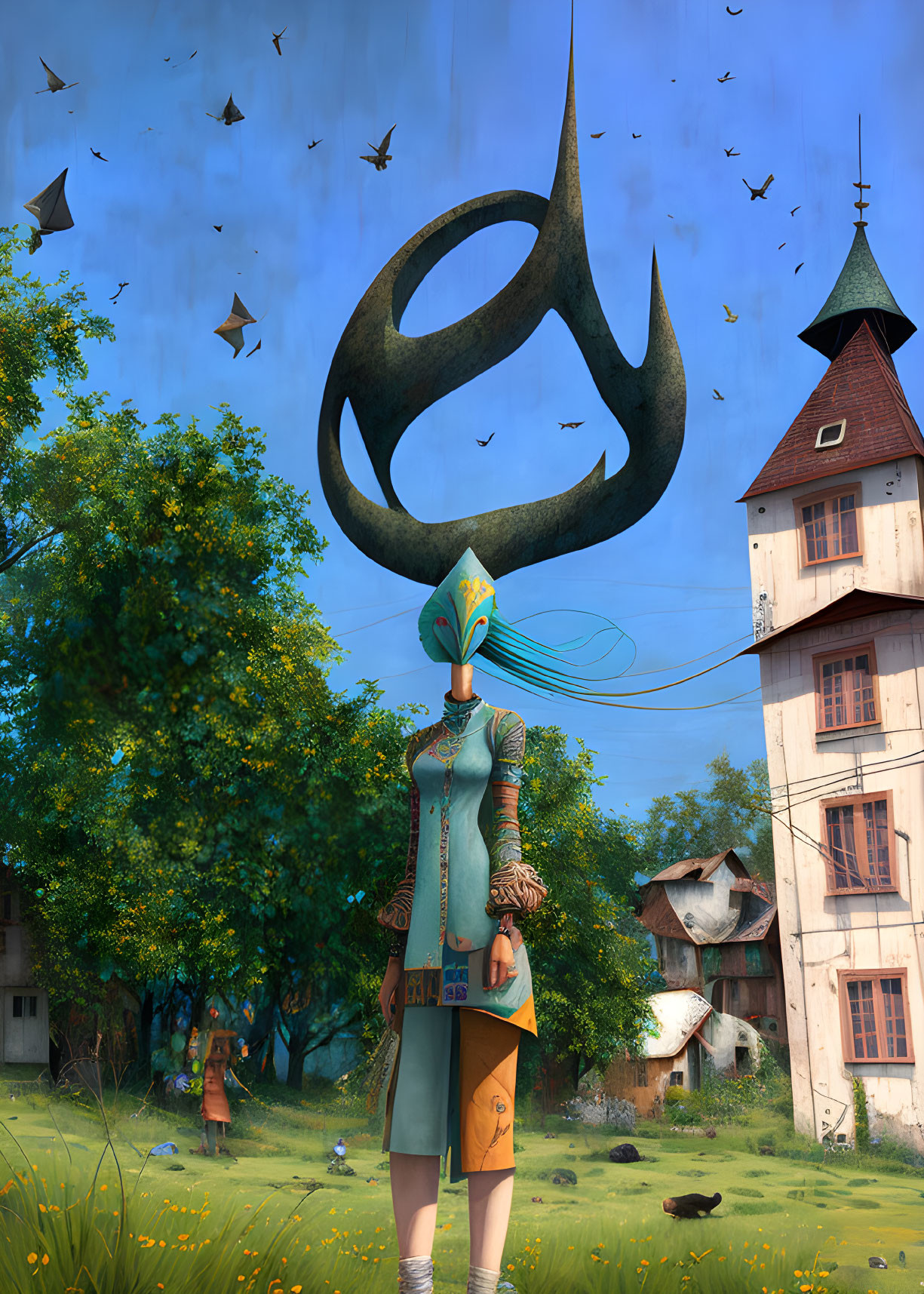 Surreal digital artwork: character with bird-like mask in field with hook symbol, flying birds,