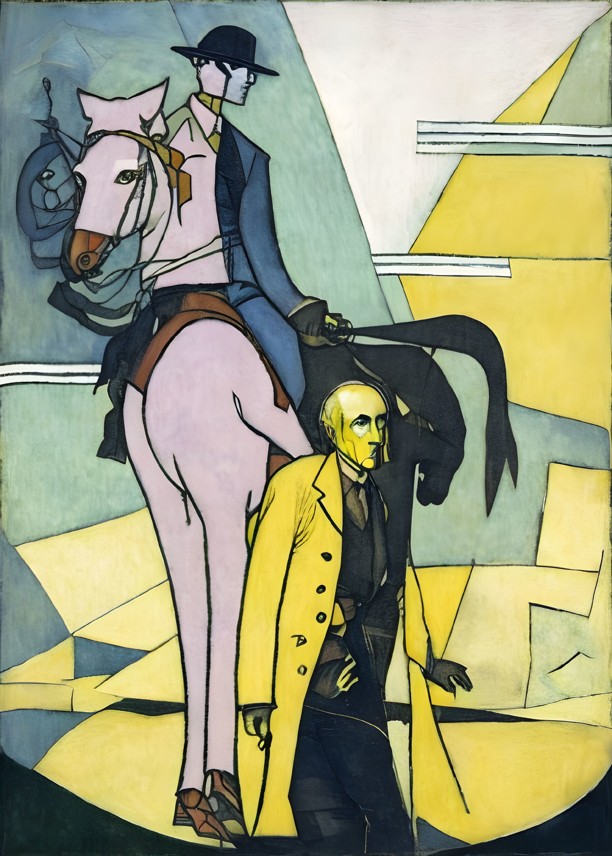 Stylized painting of man in yellow coat with pink horse and rider on geometric background