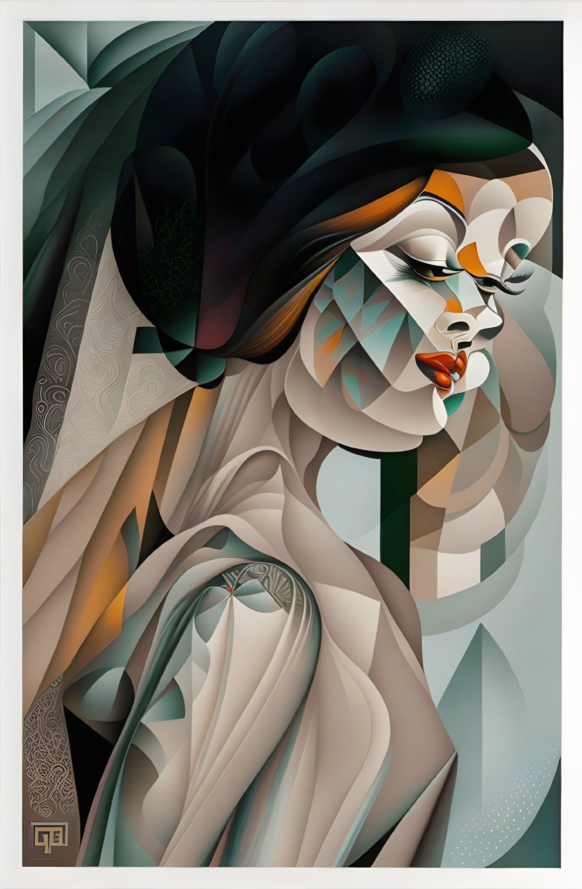 Geometric patterned woman portrait in earthy tones with abstract turban