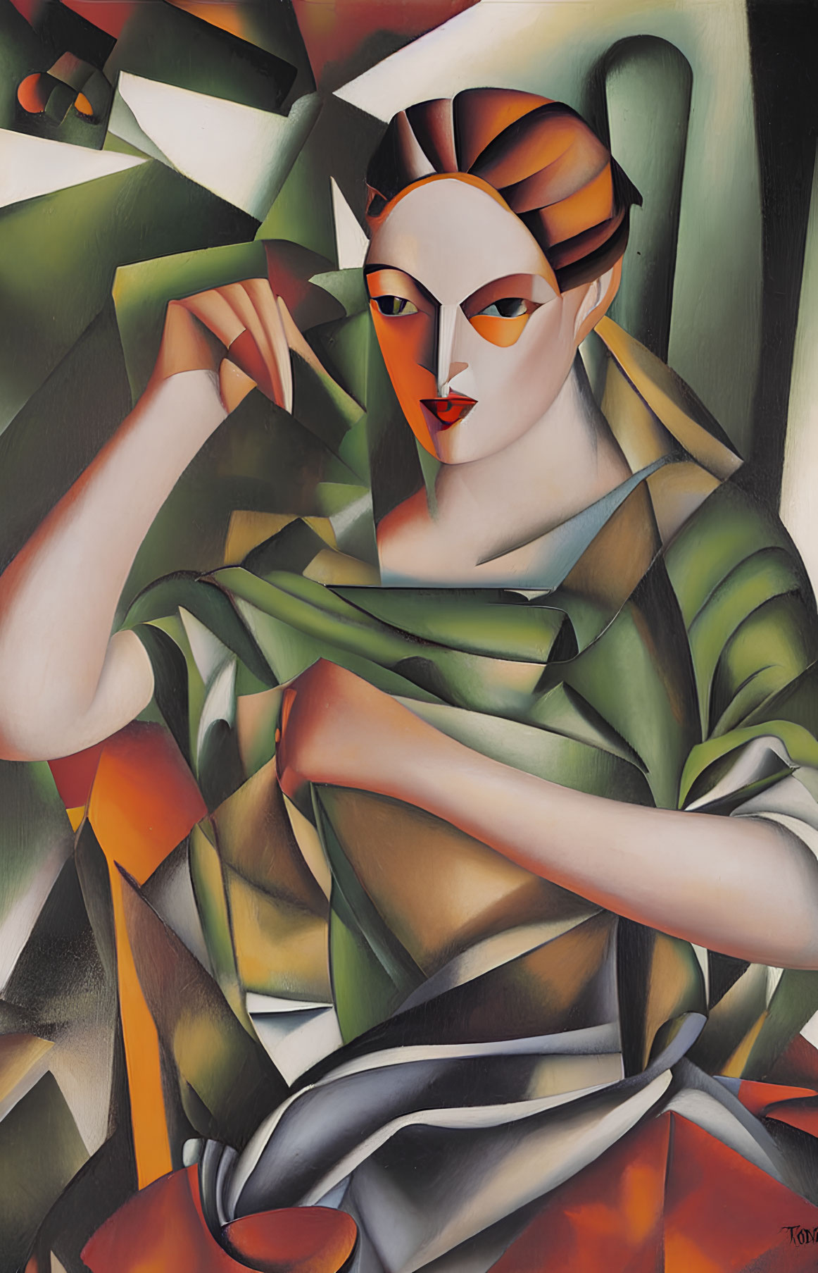 Cubist-style painting of stylized female figure with geometric shapes