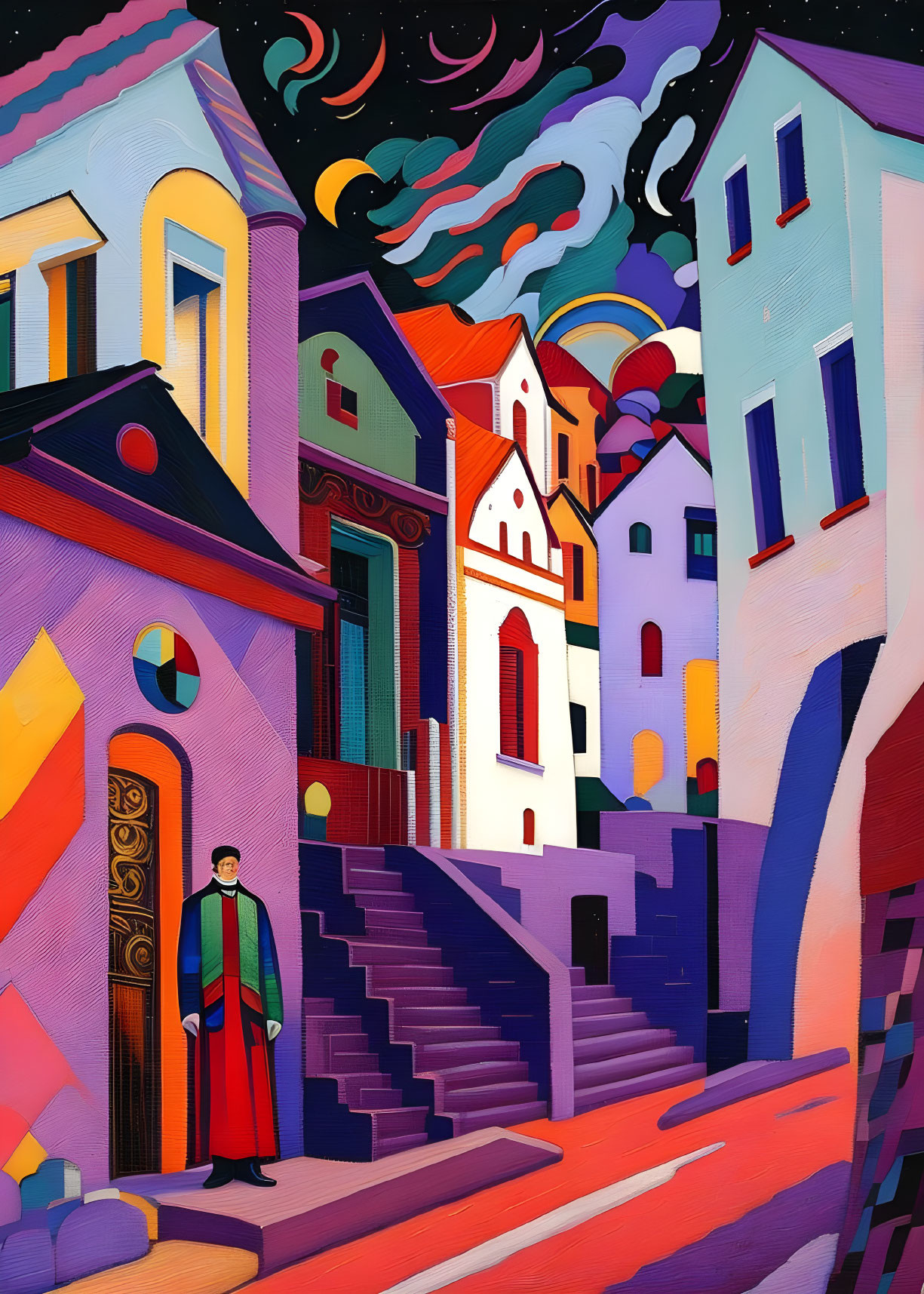 Colorful, stylized artwork of person in green coat and red scarf amidst whimsical buildings