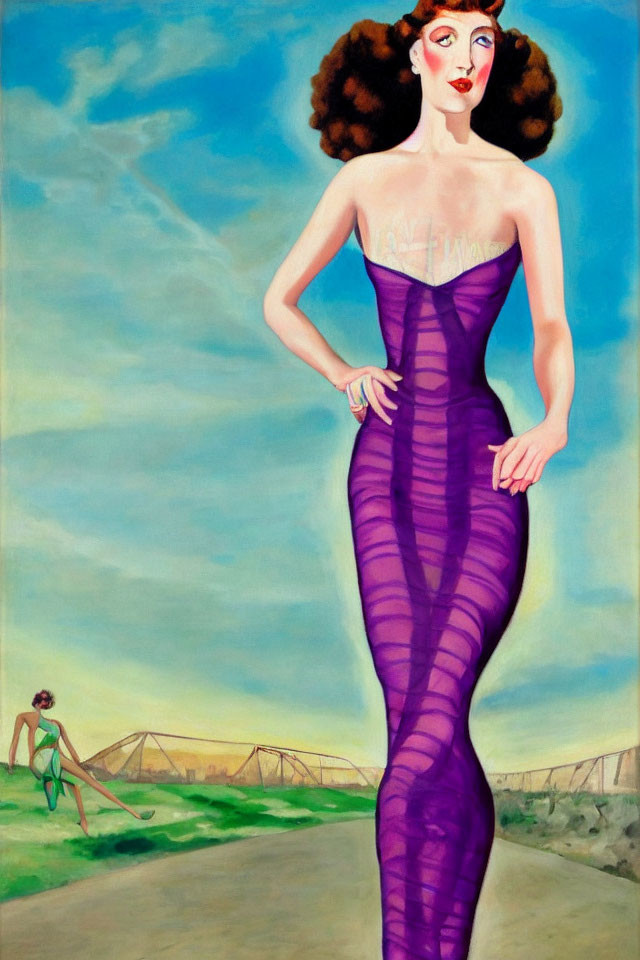 Surreal painting of woman in elongated purple dress on landscape with bridge and figure