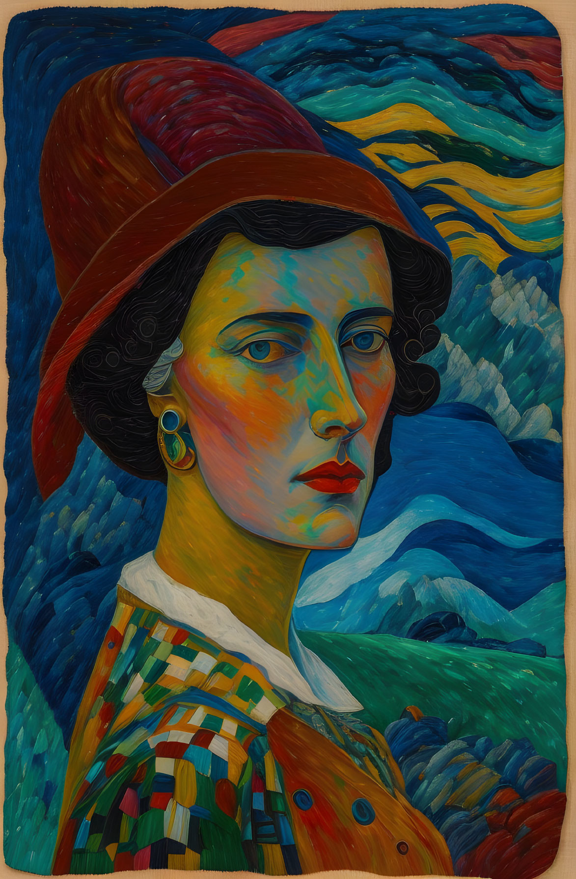 Woman with Red Cheeks and Red Hat in Colorful Blouse Against Blue Swirl Background