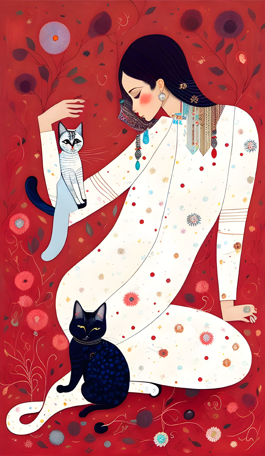 Illustration of woman in white dress with floral patterns, two black cats, red floral background