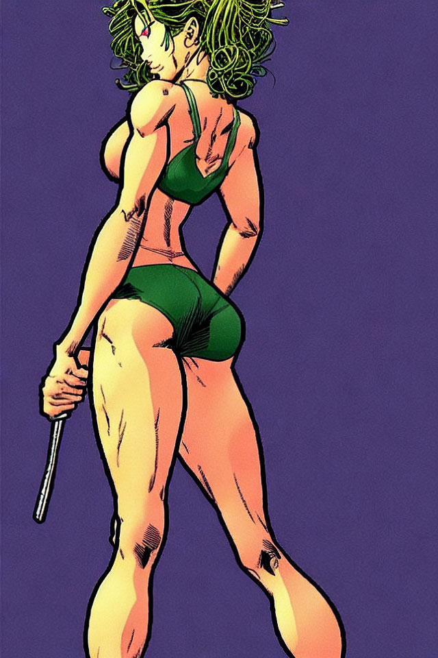 Muscular woman in green two-piece outfit with baton pose.