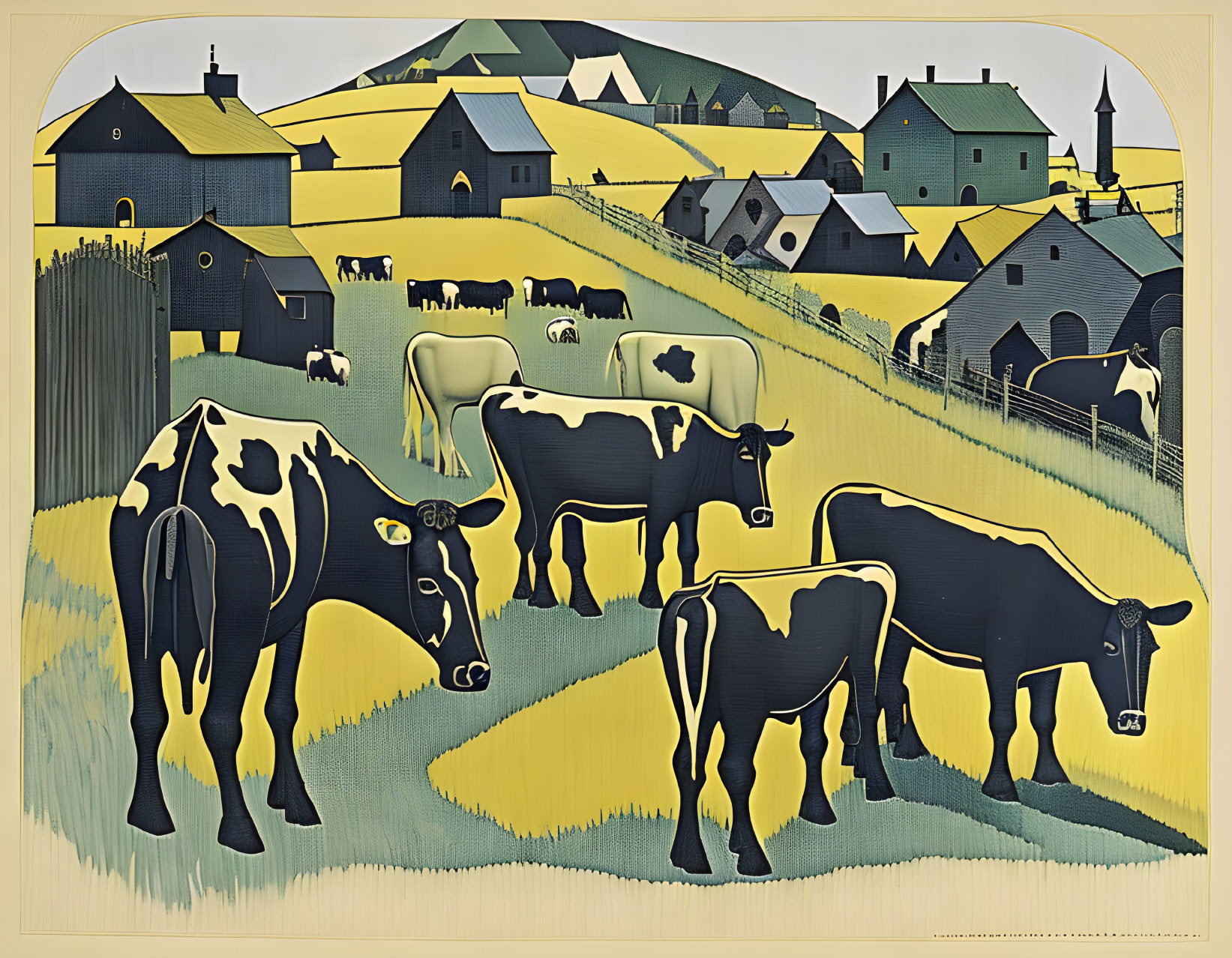 Colorful Cow Artwork with Yellow Hills and Geometric Shadows