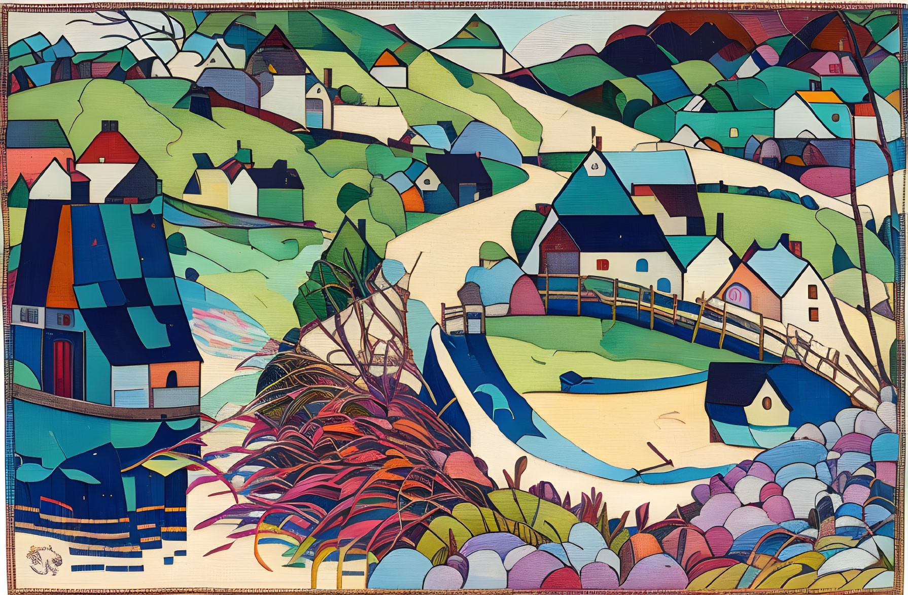 Vibrant stylized landscape with houses, hills, river, and bridge