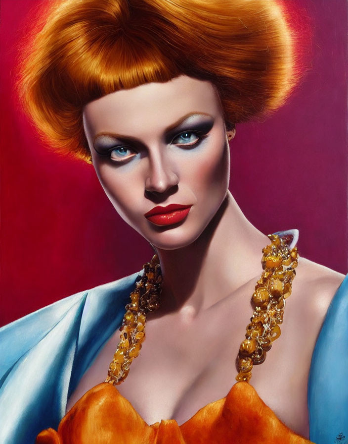 Portrait of woman with blue eyes, red lips, orange updo, amber necklace on red background