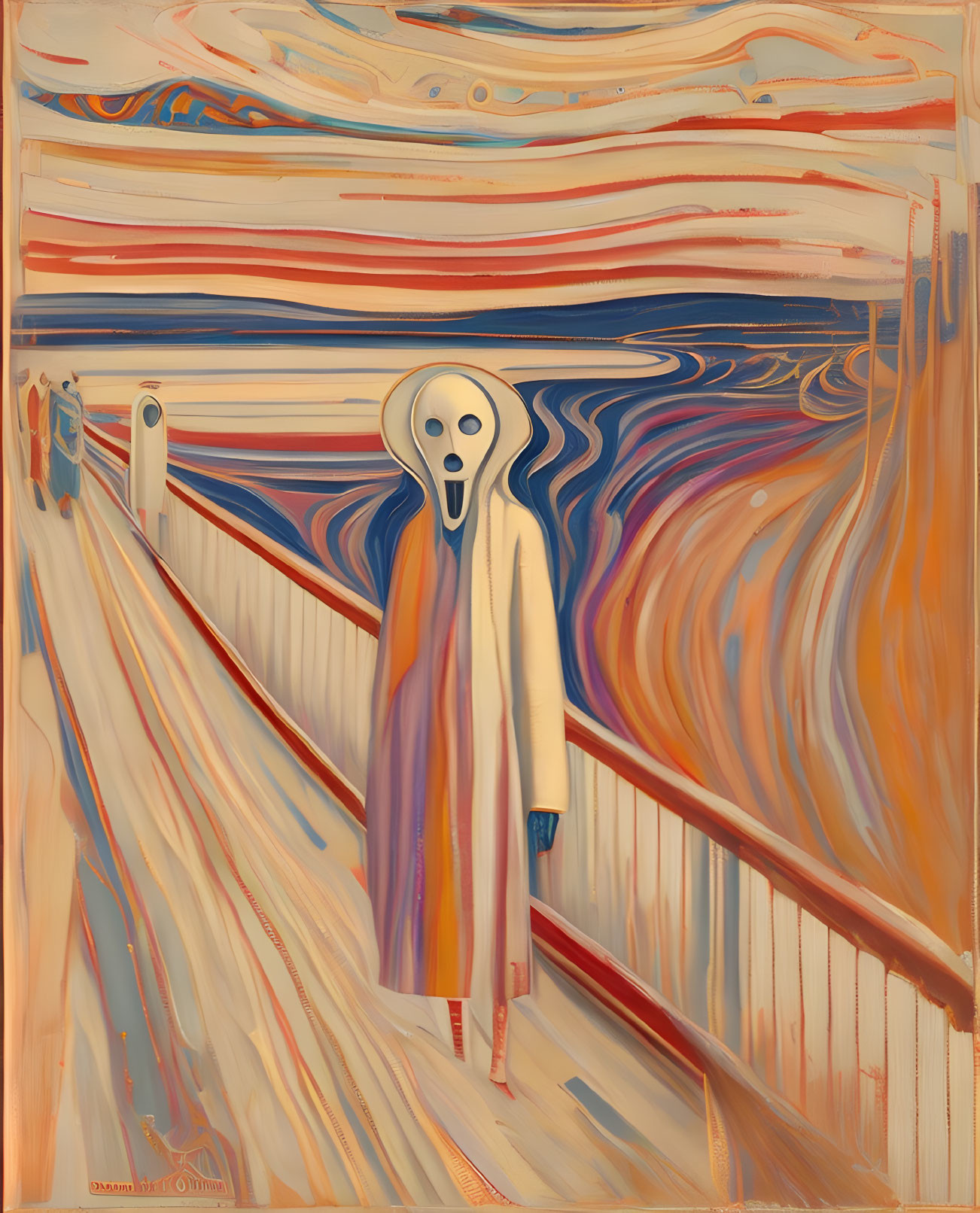 Artwork blending "The Scream" with stylized wavy patterns and colors depicting a figure on