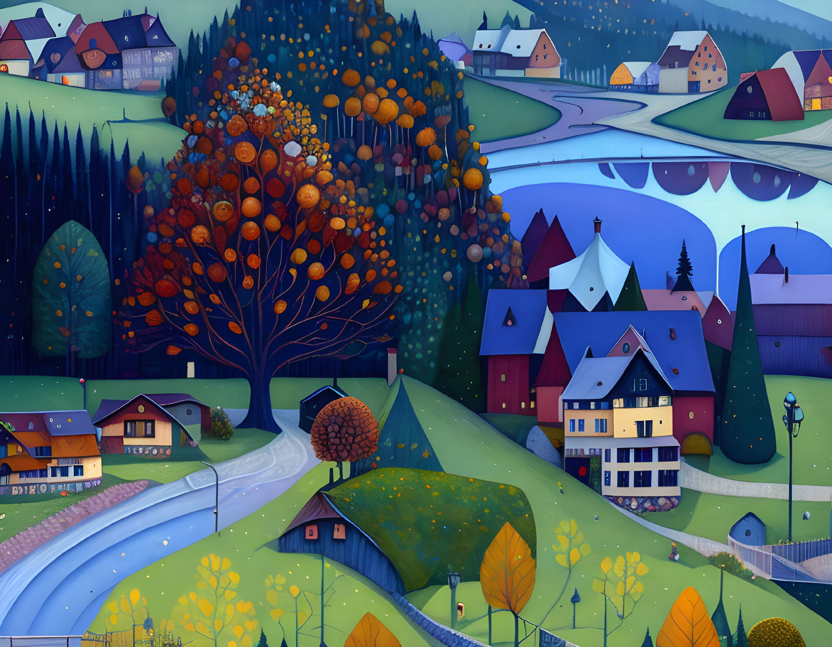 Colorful Whimsical Village Illustration with Autumn Trees and River