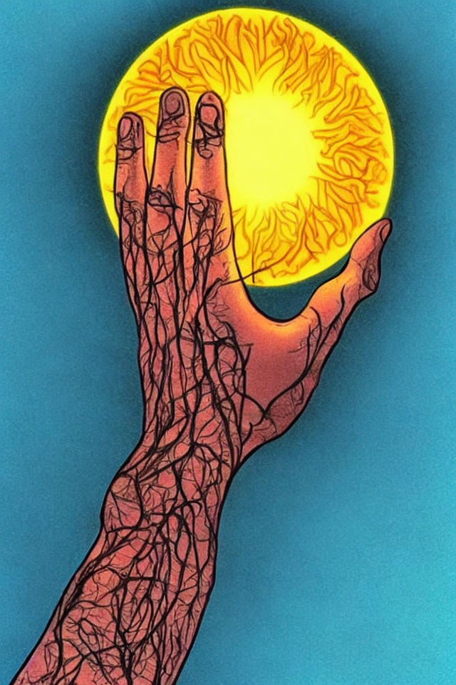 Vein-like patterns hand holding sun-like orb on blue background