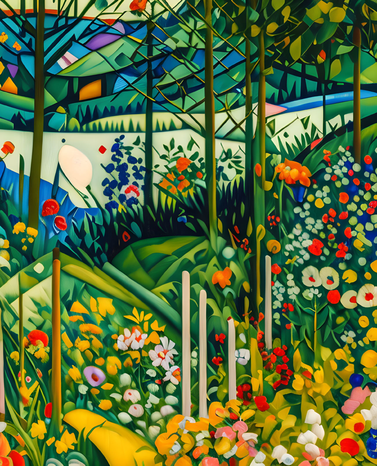 Vivid forest painting with colorful flowers and bamboo landscape