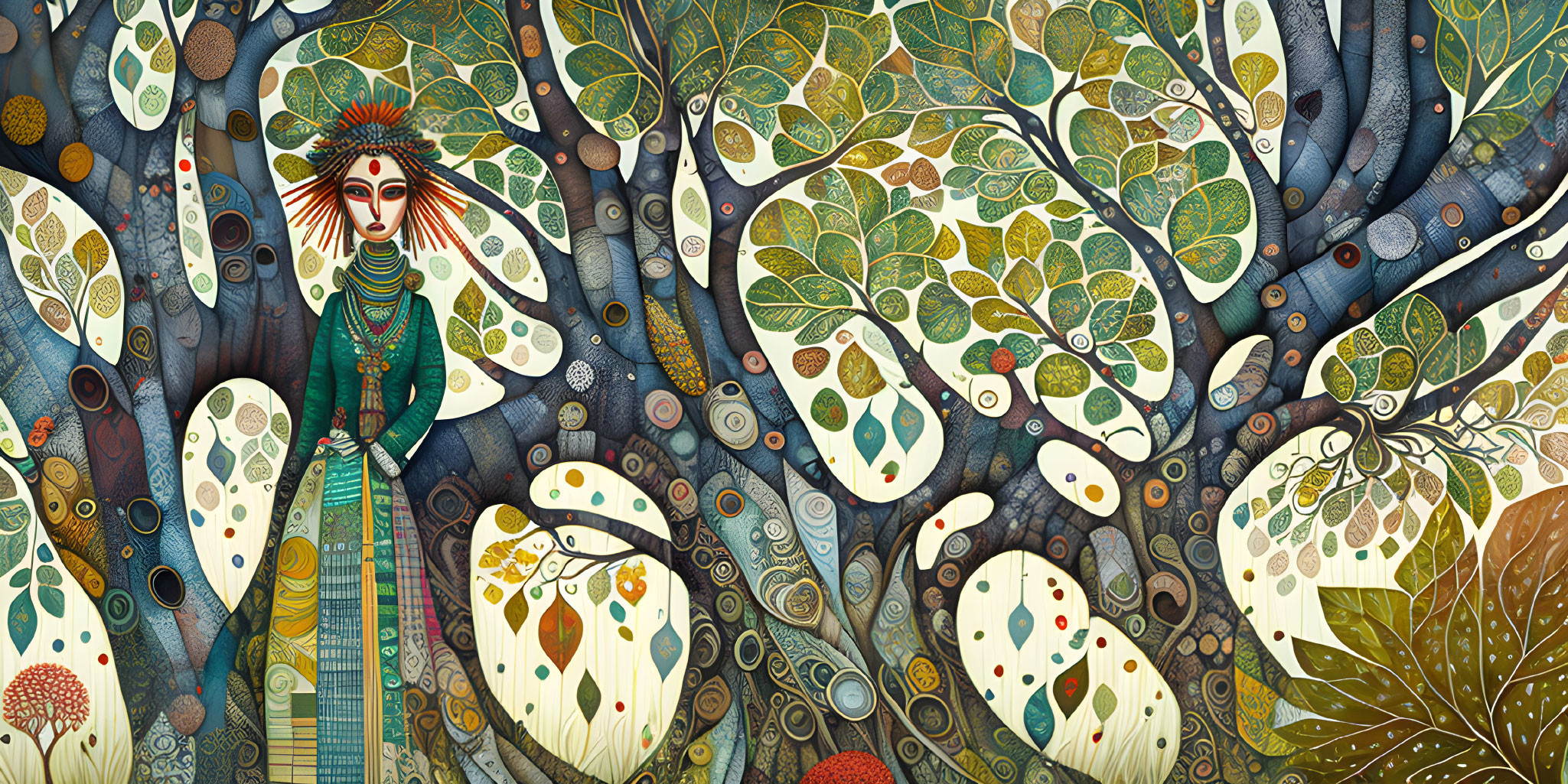 Whimsical forest illustration with stylized trees and central humanoid figure.