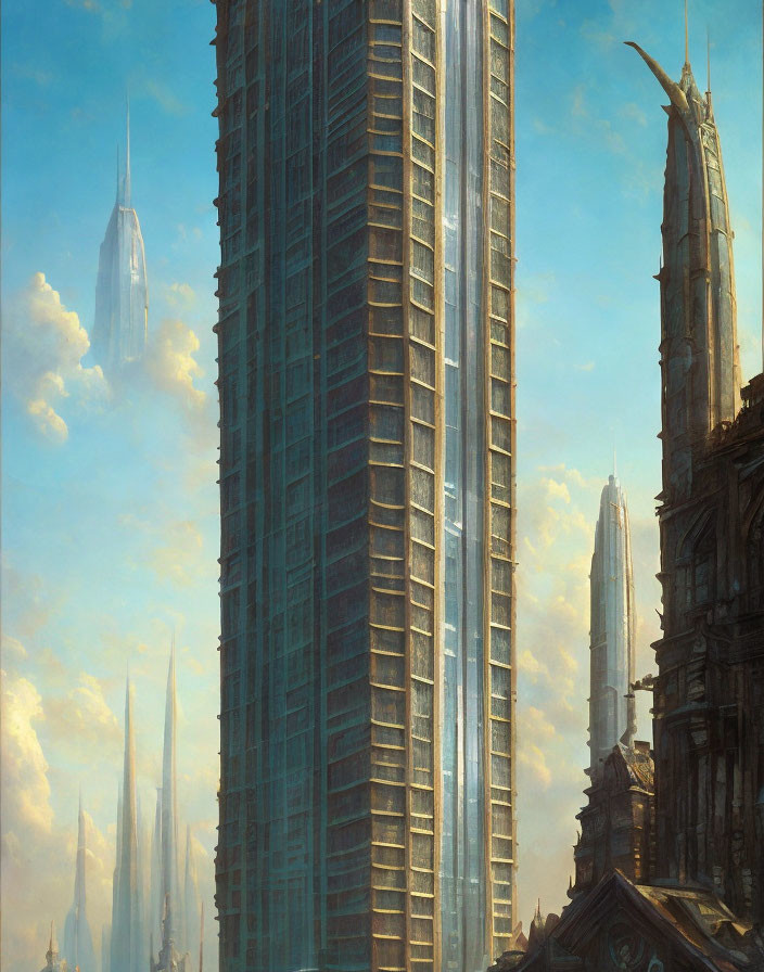 Futuristic skyscrapers blend classical design under sunlight