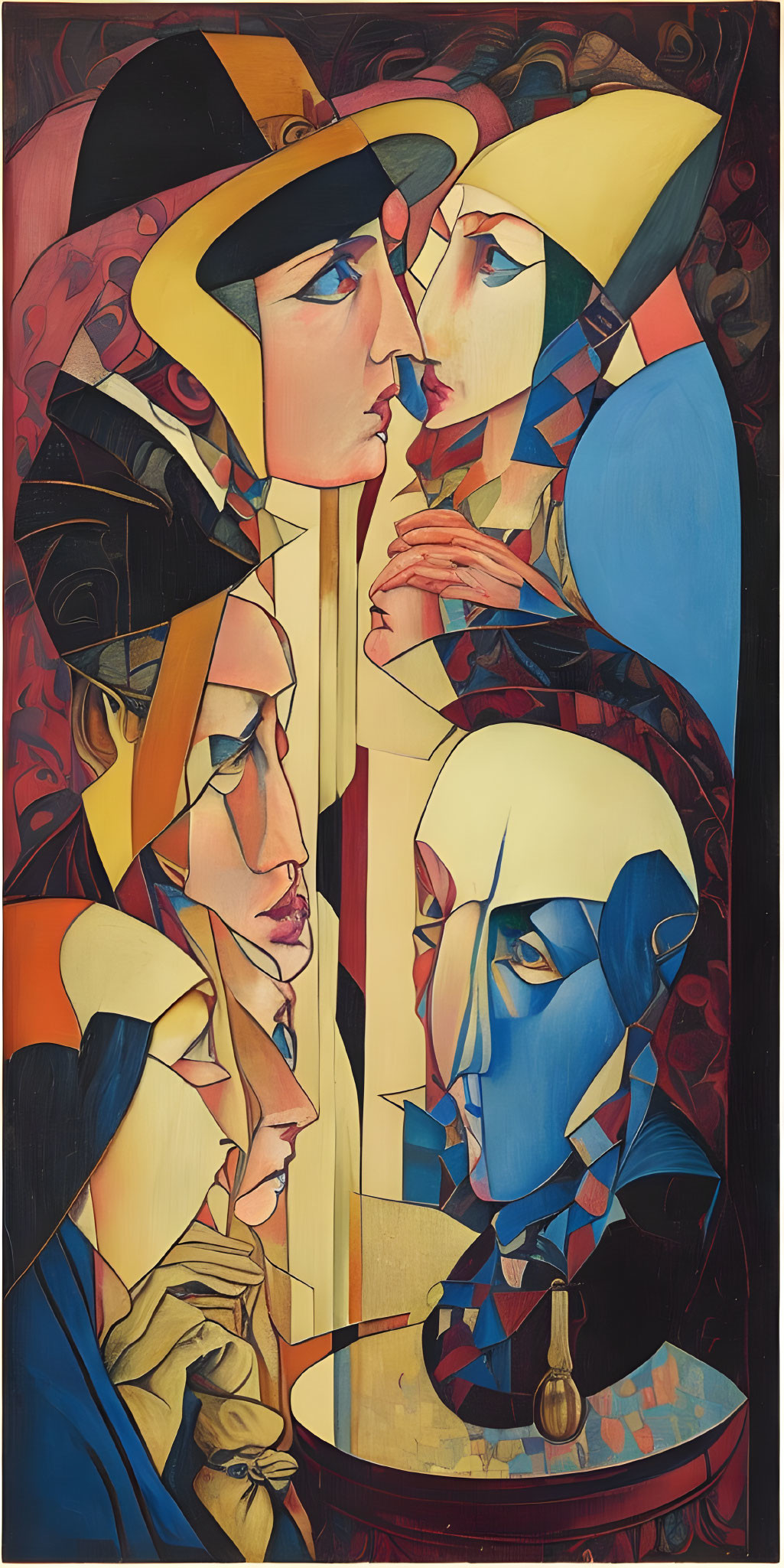 Colorful Cubist-style Painting with Overlapping Faces